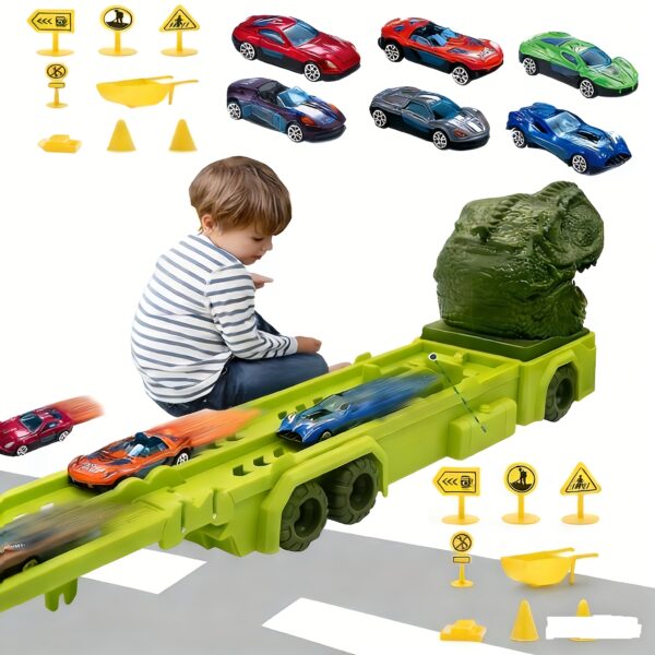 Transportation Race Car Toys, Interesting Dinosaur Race Car Toys, with 6 Racing Cars Included, Children's Transportation Truck Toy Set, (the Car Colors Are Random), Suitable As A Birthday Gift And Holiday Gift for Children
